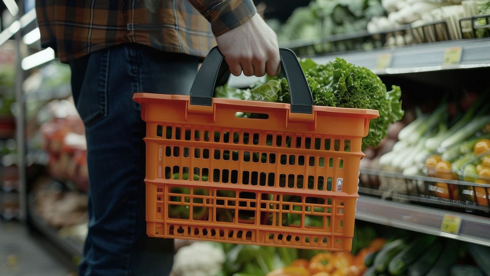 Une personne se tient devant un rayon de supermarché et tient un panier de salades